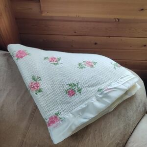 Vintage Waffle Weave Blanket Full Size Cottage Cotton Rose Print Satin Trim
